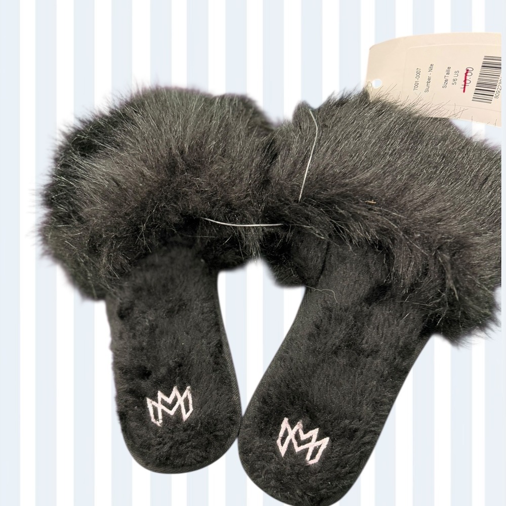Malvados Black Faux Fur Trimmed‎ Slumber Nite Slippers Slides Mules Size 5/6 US